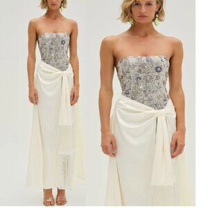 NEW FOR LOVE AND LEMONS SNOWFLAKE SEQUIN STRAPLESS WHITE MAXI DRESS SIZE S